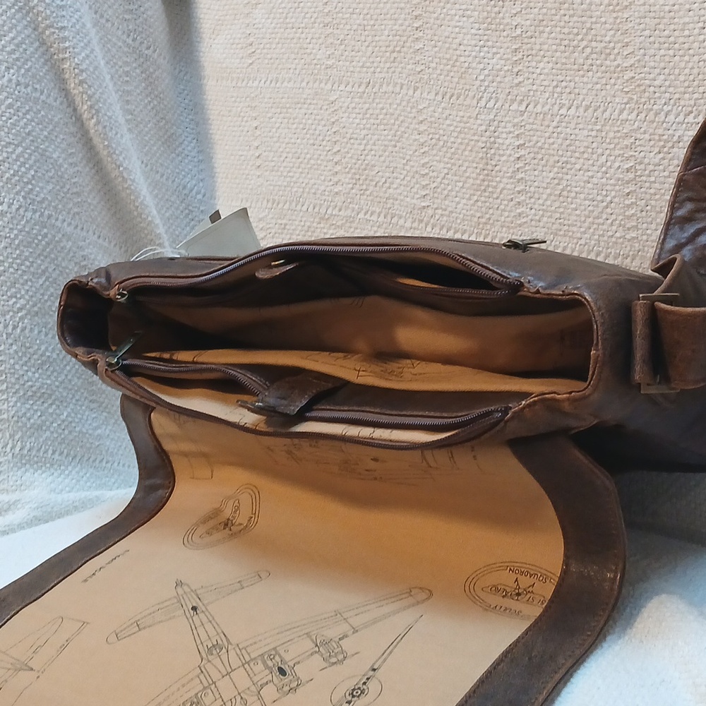 NWT Scully Messenger Briefcase, Brown Leather, Aviation Theme